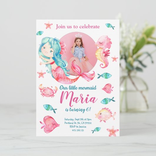 Pink Mermaid Kid's Foto Girl Birthday Einladung (Stehend Vorderseite)