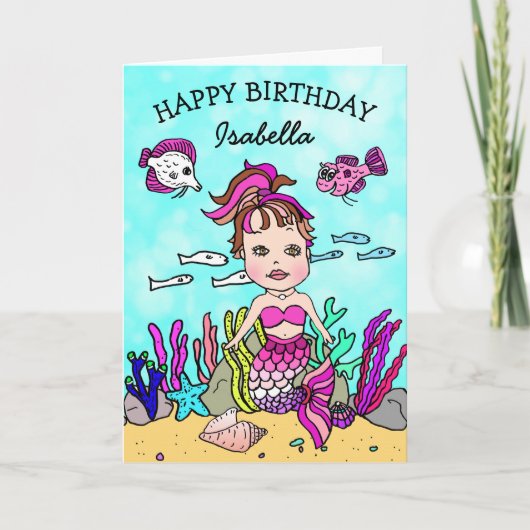 Pink Mermaid Themed Happy Birthday Card Karte (Vorderseite)