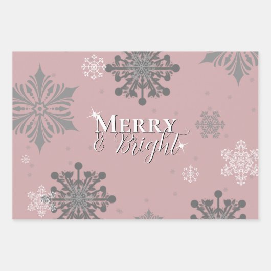 Pink Merry and Bright Schneeflocken Weihnachten Geschenkpapier Set (Vorderseite)