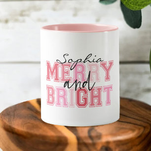 Pink Merry and Bright Typografy Groovy Weihnachten Tasse