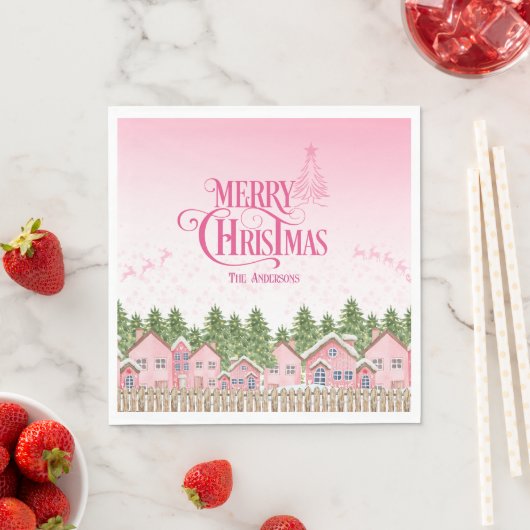 Pink Merry Christmas Village Party Paper Napkins Serviette (Beispiel)