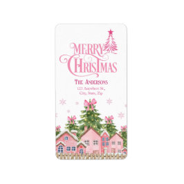 Pink Merry Christmas Village Tree Address Labels Adressaufkleber