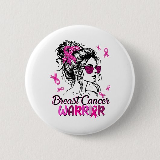 Pink Messy Bun Ribbon Brustkrebs Krieger Surviv Button (Vorderseite)