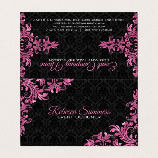 Pink Metal Lace Black Floral Damask Visitenkarten (Außenseite Aufgefaltet)