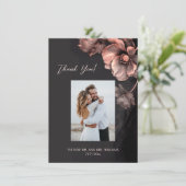 Pink Metallic Black Floral Wedding Thank You Dankeskarte (Stehend Vorderseite)