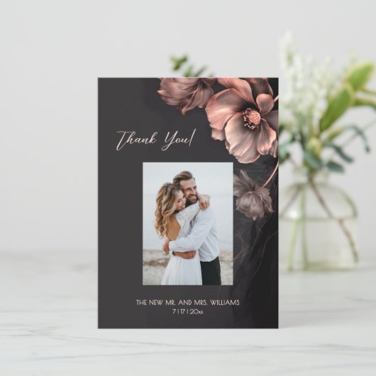 Pink Metallic Black Floral Wedding Thank You Dankeskarte (Stehend Vorderseite)