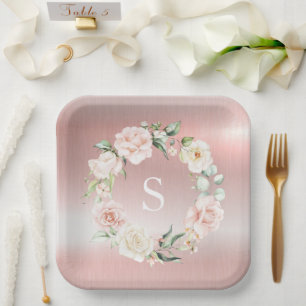 Pink Metallic Floral Monogram Watercolor Pappteller