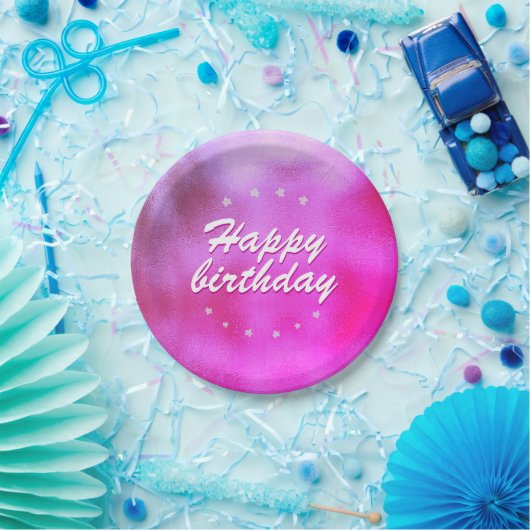 Pink Metallic Foil Star Girly Happy Birthday Pappteller (Party)