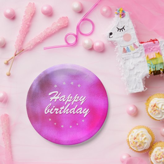 Pink Metallic Foil Star Girly Happy Birthday Pappteller (Party)
