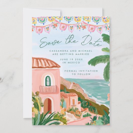 Pink Mexican Beach Town Destination Wedding Save The Date (Vorderseite)