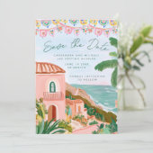 Pink Mexican Beach Town Destination Wedding Save The Date (Stehend Vorderseite)