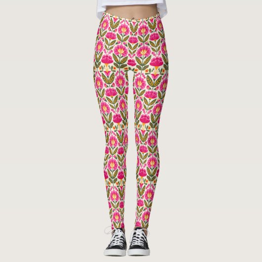 Pink Mexican Talavera Flowers BOHO Chic Floral Leggings (Vorderseite)