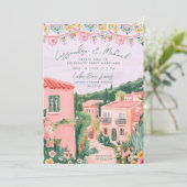 Pink Mexican Town Destination Wedding Einladung (Stehend Vorderseite)