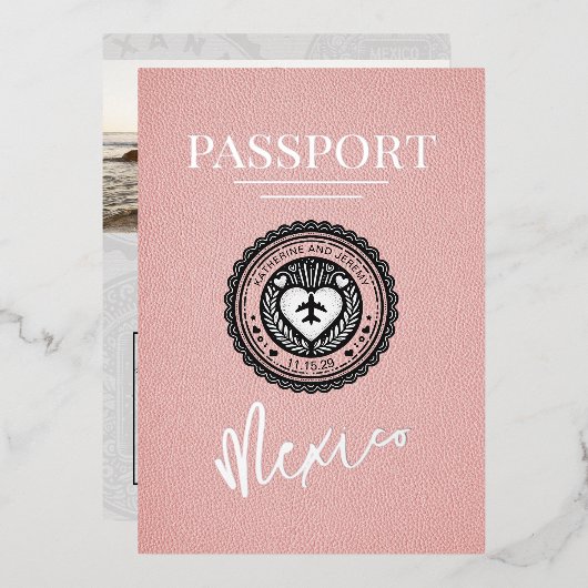Pink Mexico Passport Hochzeit Folieneinladung (Vorderseite/Rückseite)