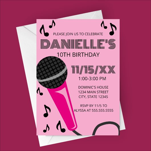 Pink Microphone Kids Birthday Invitation Einladung