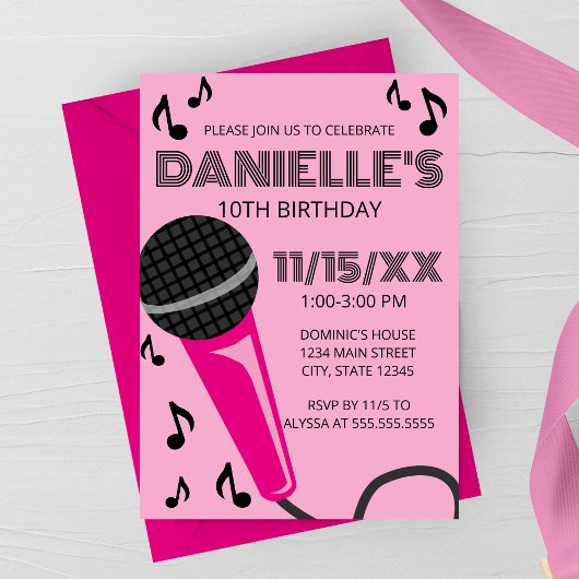 Pink Microphone Kids Birthday Invitation Einladung