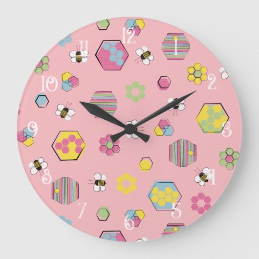 Pink Midjahrhundert Retro Honey Bee Muster Große Wanduhr (Vorderseite)
