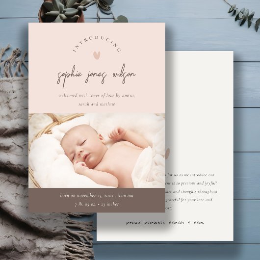 Pink Minimal Heart Script Foto Geburtsankündigung Dankeskarte