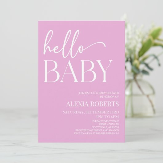 Pink Minimal Hello Baby Dusche Einladung (Stehend Vorderseite)