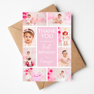 Pink Minimalist 1st Birthday Photo Thank You Card  Einladung