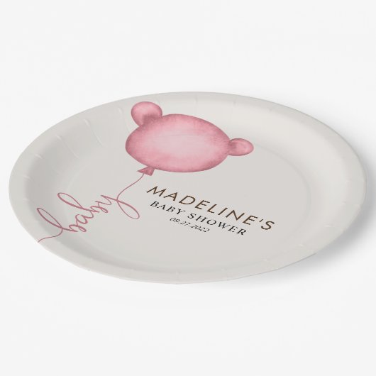 Pink Minimalistisch Bear Balloon Babydusche Pappteller (Schrägansicht)