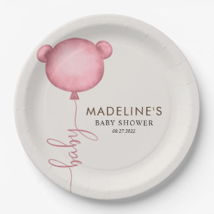 Pink Minimalistisch Bear Balloon Babydusche Pappteller