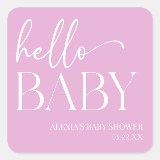 Pink Minimalistisch Hello Baby Dusche Quadratischer Aufkleber (Vorderseite)