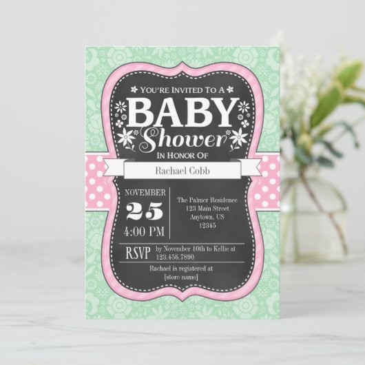 Pink Mint Chalkboard Floral Baby Dusche einladen Einladung (Stehend Vorderseite)