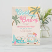 Pink Mint Cool ONE Surfen 1. Geburtstag Einladung (Stehend Vorderseite)