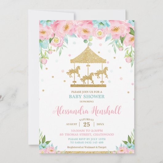 Pink Mint Floral Carousel Girl Babydusche Einladung (Vorderseite)