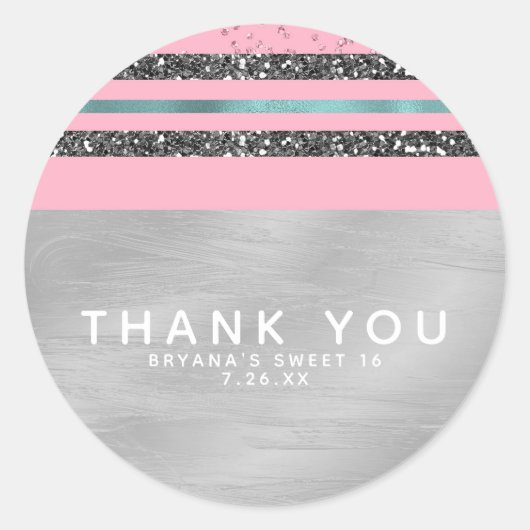Pink Mint Green & Silver Glitzer Sweet 16 Party Runder Aufkleber (Vorderseite)