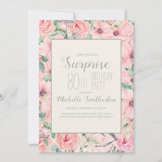 Pink Mint Green Watercolor Floral 80. Geburtstag (Vorderseite)