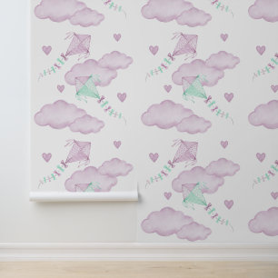 Pink Mint Kites Clouds Hearts Baby Girl Kinderzimm Tapete