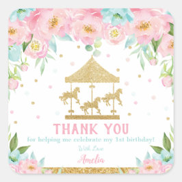 Pink Minze Floral Carousel Geburtstag Vielen Dank  Quadratischer Aufkleber