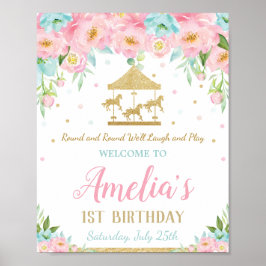 Pink Minze floral Karussell 1. Geburtstag Willkomm Poster