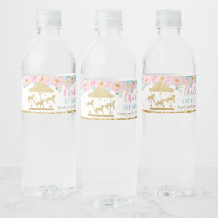Pink Minze floral Karussell Karneval 1. Geburtstag Wasserflaschenetikett