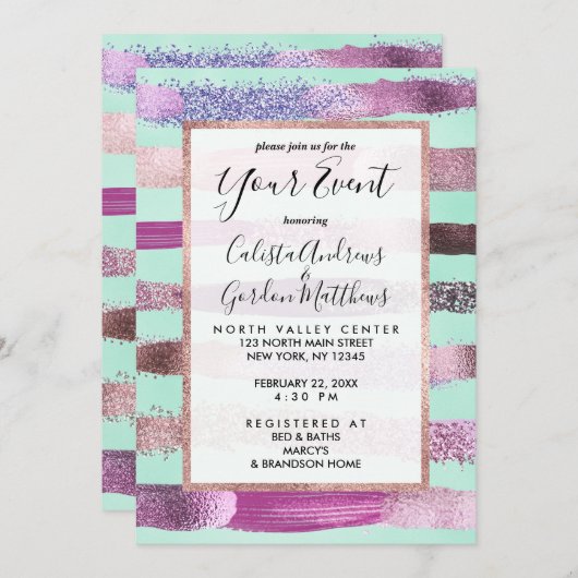 Pink Minze Grünnagel Polnischer Glitzer Pinselstri Einladung (Vorne/Hinten)