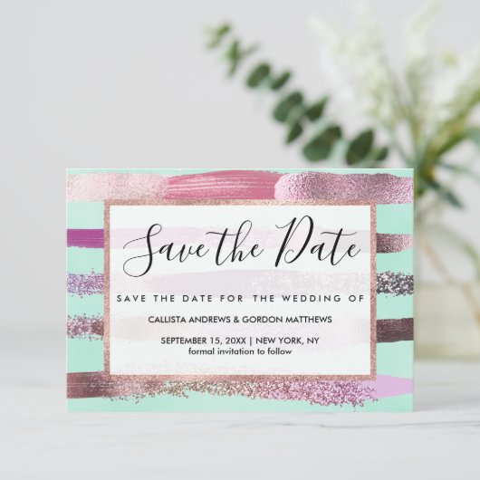 Pink Minze Grünnagel Polnischer Glitzer Pinselstri Save The Date (Stehend Vorderseite)