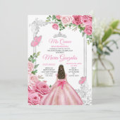 Pink Mis Quince 15 Anos Butterfly Silver Crown Einladung (Stehend Vorderseite)