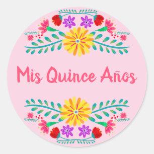 Pink Mis Quince Anos Mexican Fiesta Blume Runder Aufkleber