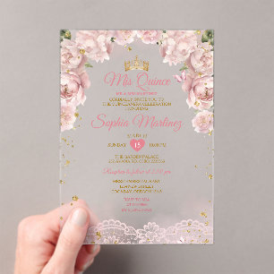 Pink Mis Quince Crown Gold Quinceñera Butterfly Acryleinladungen