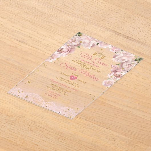 Pink Mis Quince Crown Gold Quinceñera Butterfly Acryleinladungen (Ablage )