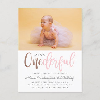 Pink Miss Onederful Script Foto 1. Geburtstag Einladungspostkarte