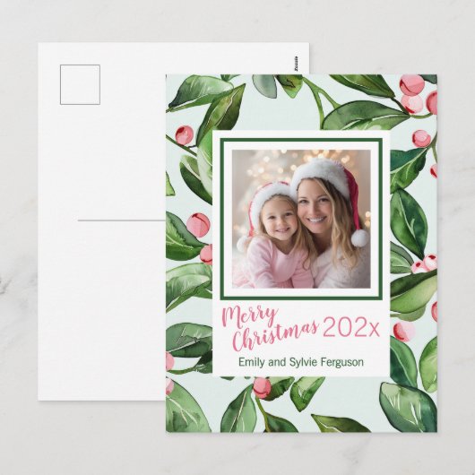 Pink Mistletoe Foto Frohe Weihnachtskarte Feiertagspostkarte (Vorne/Hinten)