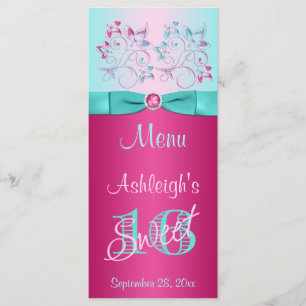 Pink mit DRUCKBOW, Aqua Floral Sweet 16 Menü-Karte Menükarte