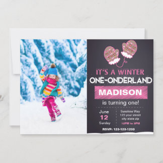 Pink Mitten Geburtstag Einladung mit Foto