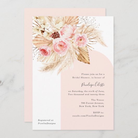 Pink Modern Arch Boho Floral Pampas Brautparty Einladung (Vorne/Hinten)