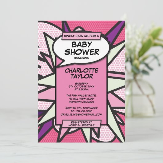 Pink Modern Baby Shower Fun Baby Girl Einladung (Stehend Vorderseite)