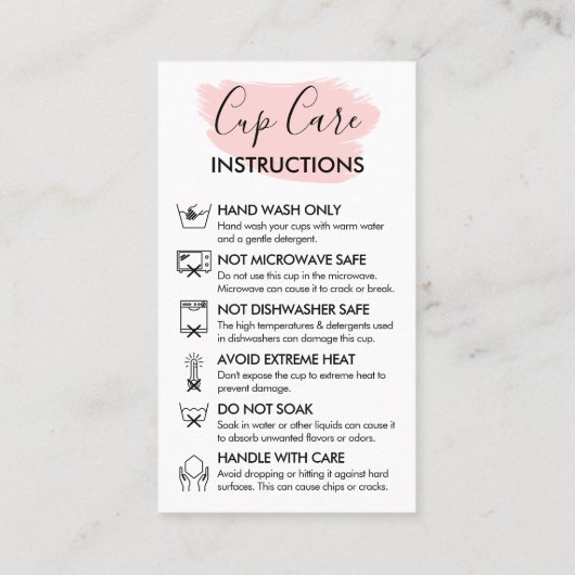 Pink Modern Cup Care Instruction - individuelle Lo Visitenkarte (Rückseite)
