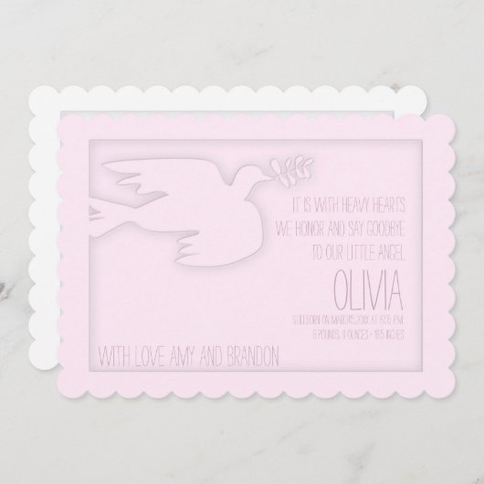 Pink Modern Dove Baby Custom Celebration of Life Einladung (Vorne/Hinten)